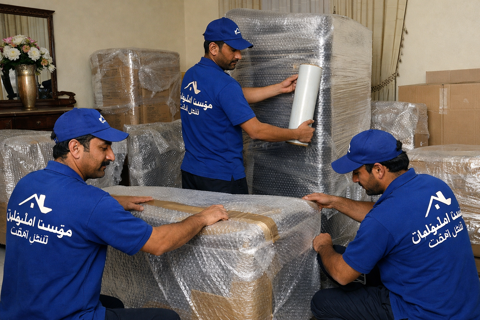 عمالة باكستانية بالرياض يقومون بتغليف العفش